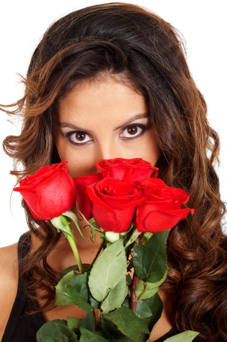 girl with red roses isolated over a white background