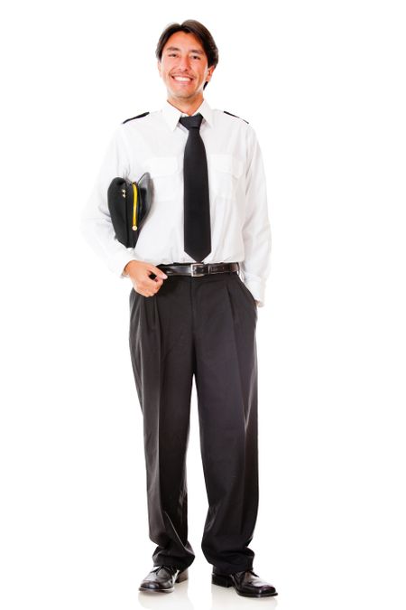 Handsome male pilot smiling - isolated over a white background