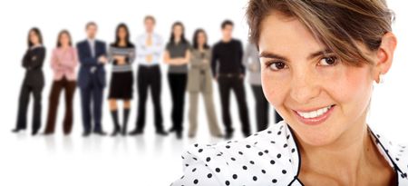 business woman portrait leading a team - isolated over a white background