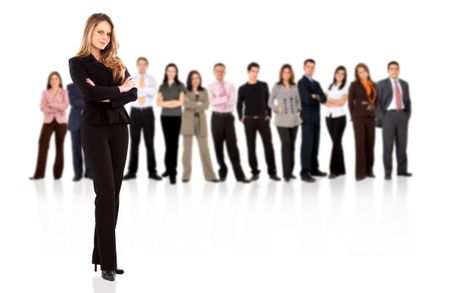business people with a businesswoman standing in front of the group isolated over a white background