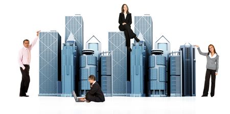 business people working around office buildings - isolated over a white background
