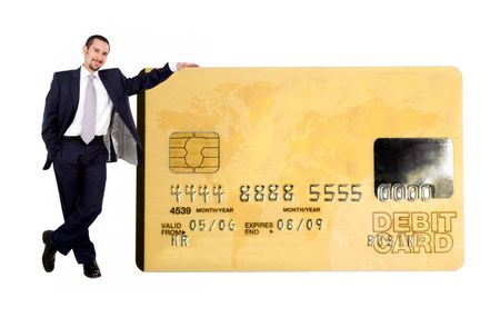 business man holding a credit card over a white background - note the design of the card is my own and the numbers on the card are made up