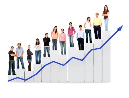 group of casual people with a chart representing growth and success - isolated over a white background