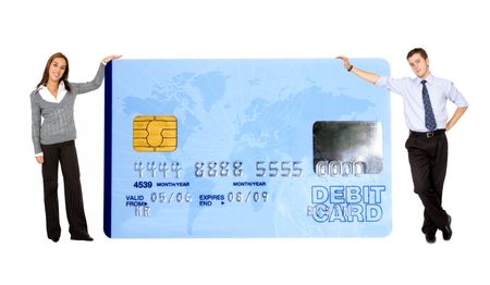 business mand and woman holding a credit card over a white background - note the design of the card is my own and the numbers on the card are made up