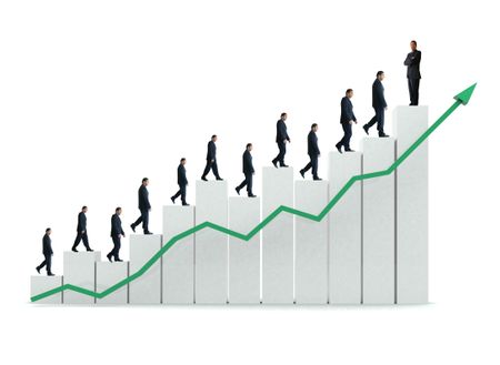 business man going up a chart representing growth and success - isolated over a white background