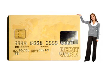 business woman holding a credit card over a white background - note the design of the card is my own and the numbers on the card are made up