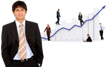 business man in front of a group of business people with a chart representing growth and success - isolated over a white background