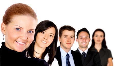 group of diverse business people smiling and isolated over a white background