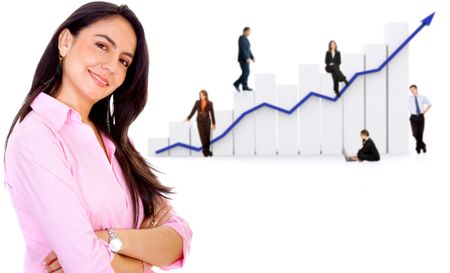 business woman in front of a group of business people with a chart representing growth and success - isolated over a white background