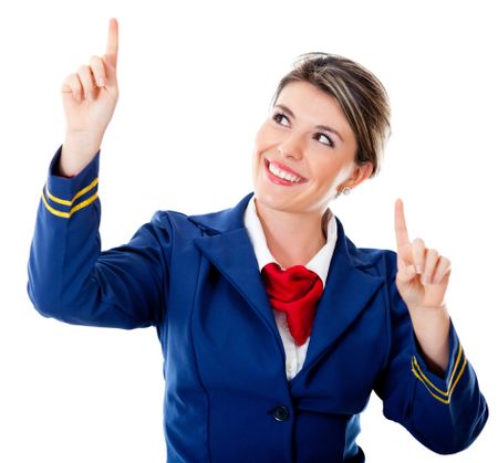 Air hostess pointing two different destinations - isolated over a white background