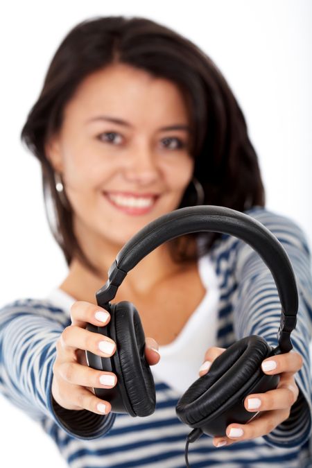 girl listening to music looking happy over white