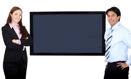 business partners presenting on a tv screen over a white background