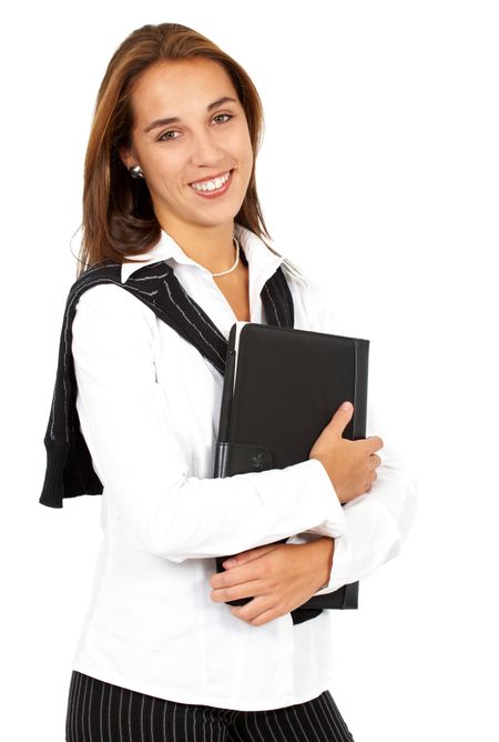 business woman student portrait smiling - isolated over a white background