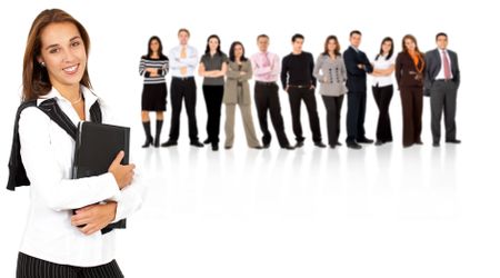 business woman student leading a team - isolated over a white background