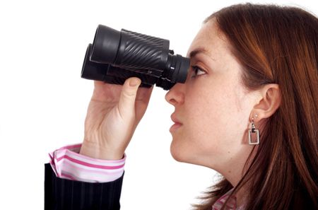 business woman doing a search using binoculars isolated over a white background