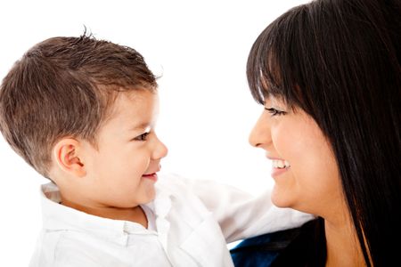 Beautiful portrait of a mother and son - isolated over a white background