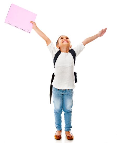 Happy shool girl with hands up - isolated over a white background