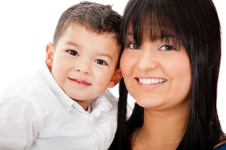 Happy portrait of a mother and her son - isolated over a white background