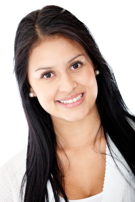 Latin woman smiling - isolated over a white background