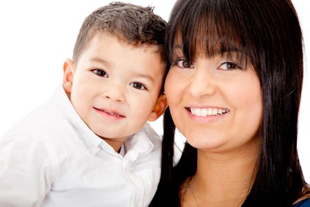 Portrait of a mother carrying her son - isolated over a white background