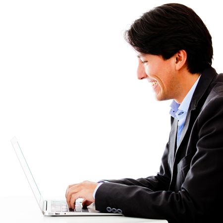 Businessman with a laptop - isolated over a white background