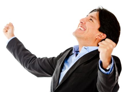 Successful business man with arms open - isolated over a white background