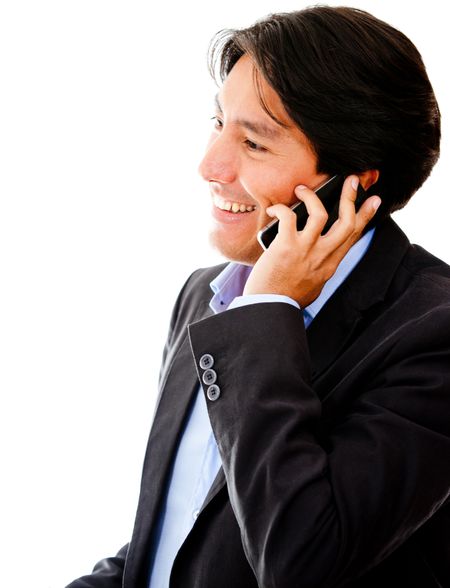 Businessman talking on the phone - isolated over a white background