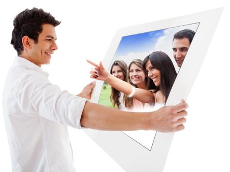 Man holding banner with people coming out and pointing - isolated over white