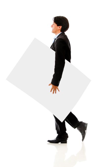 Business man carrying banner - isolated over a white background