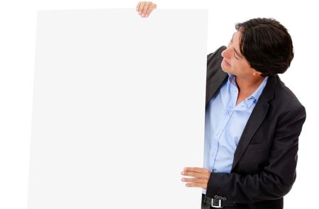 Business man looking at a banner - isolated over a white background