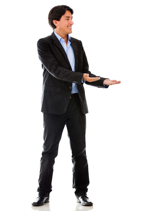 Businessman holding something in his hands - isolated over a white background
