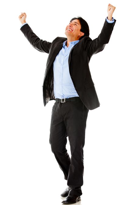 Business man with arms up - isolated over a white background