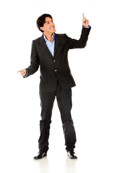 Businessman pointing with two hands - isolated over a white background