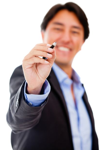 Businessman holding a pen - isolated over a white background