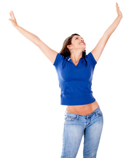 Relaxed woman with outstretched arms - isolated over a white background