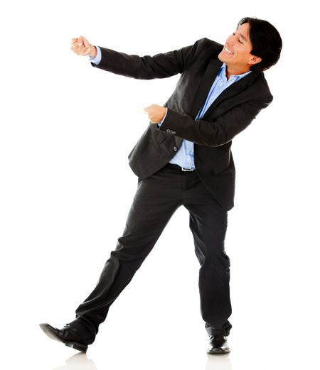 Businessman pulling an imaginary rope - isolated over a white background
