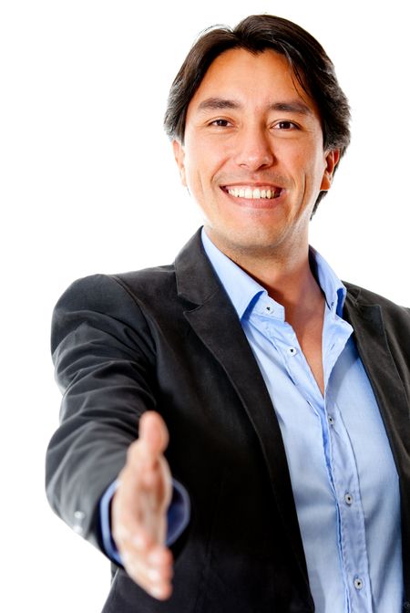 Business man ready to handshake - isolated over a white background