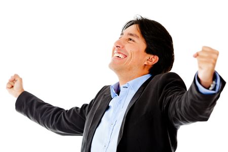 Successful businessman with arms up - isolated over a white background