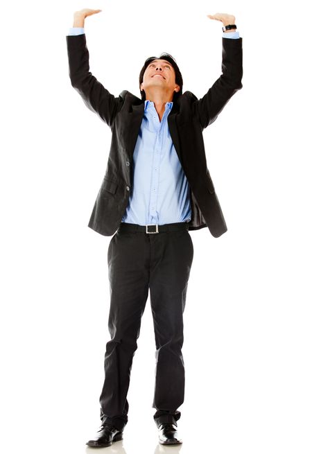 Businessman lifting an imaginary object - isolated over a white background