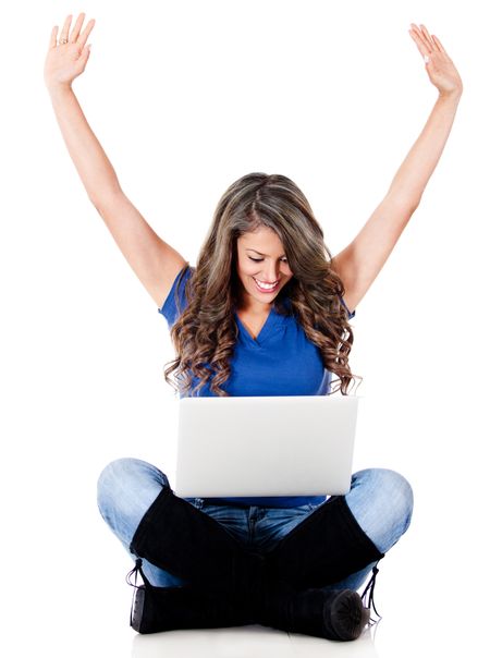 Happy woman with laptop computer - isolated over a white background